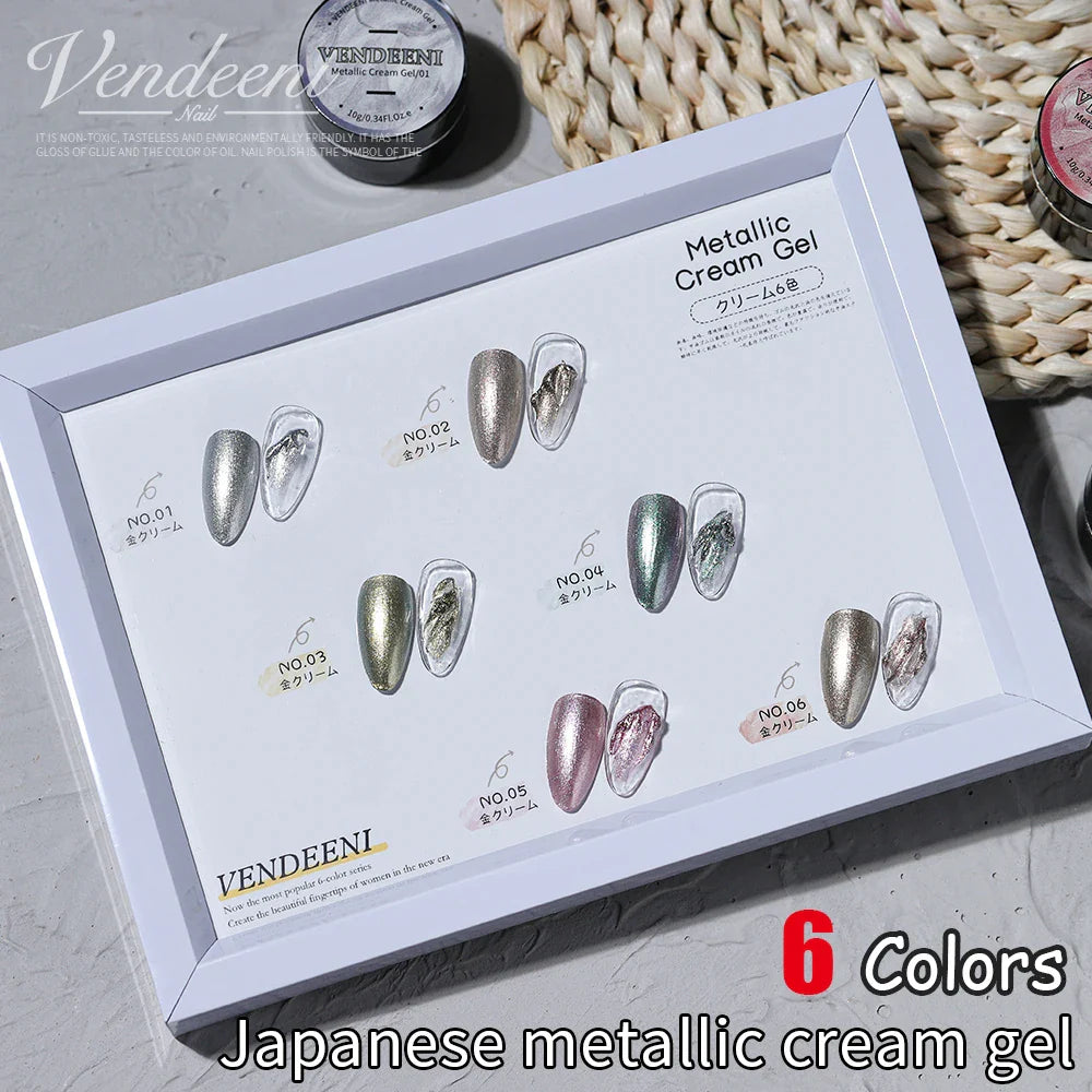 Vendeeni 6 Colors Cream Metal Gel Nail Polish Shiny Platinum UV Soak Off Gel Lacquer Painting Edge Line Gel Varnish For Nail Art
