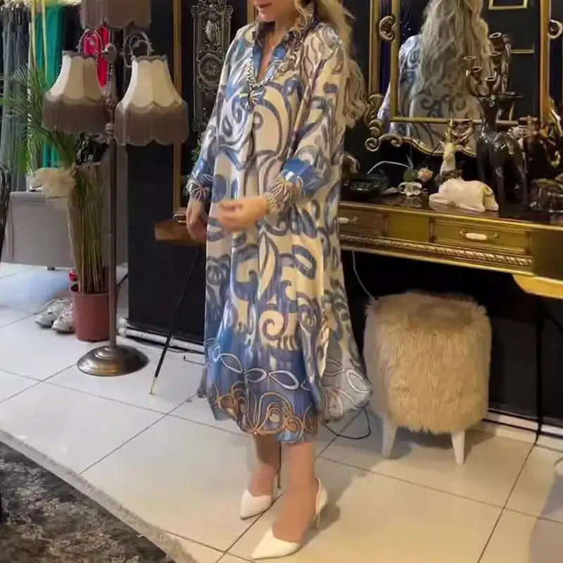Vintage Fashion Printed V-neck Long Dress Women Spring Long-sleeved Loose Bohemian Dress Autumn Casual A-Line Maxi Dress Vestido