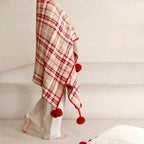 Half Flannel Plaid Blanket with Wool Balls Four Season Universal Red Soft Sofa Blanket Warm Napping Shawl for Home Travel Lootquake LLC