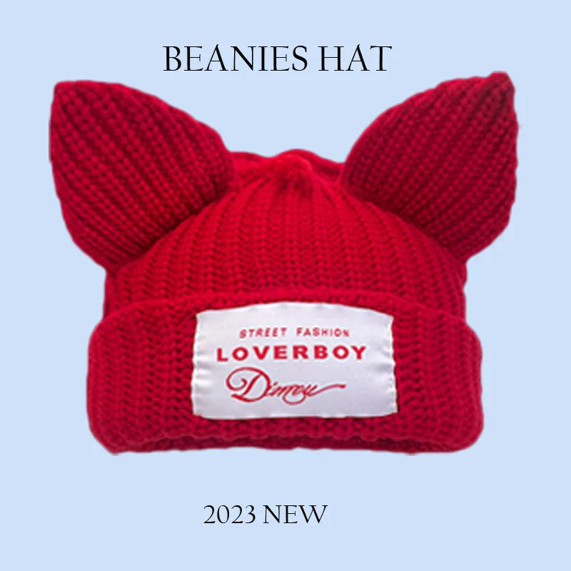 2023 New Long Ear Fox Hat Skullies Beanies Women Cute Rabbit Ears Crochet Knitted Hat Men Winter Hip-hop Warm Cap Christmas Gift Pi-Mart