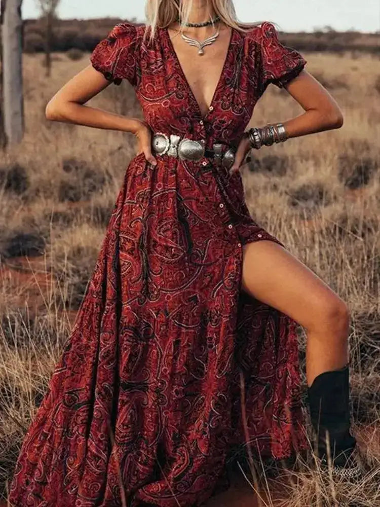 TEELYNN boho long dress Vintage 2023 floral print Chiffon three quarter sleeve v-neck summer Gypsy Hippie women dresses vestidos
