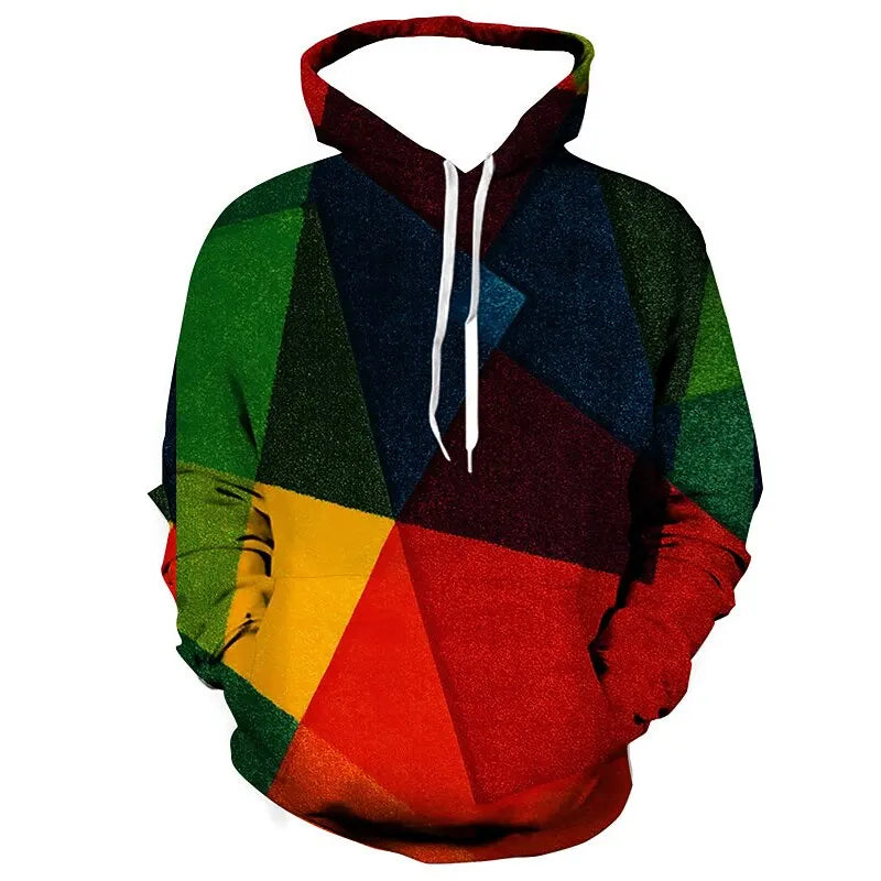 Men's Color Block Stitching Hooded Sweatshirt Geometric Print Spring And Autumn Loose Casual Polyester Fabric Top Pi-Mart