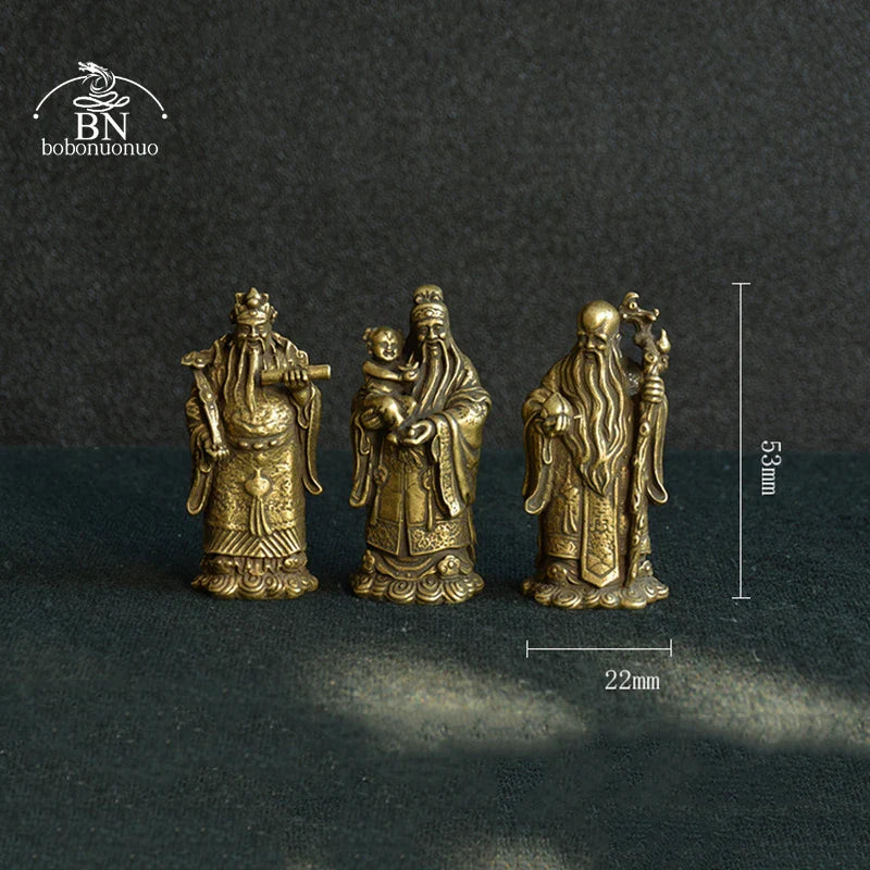 Vintage Bronze Taoism Three Gods of Blessing Wealth Longevity Statue Pure Copper Buddha Figurines Ornaments Feng Shui Home Decor