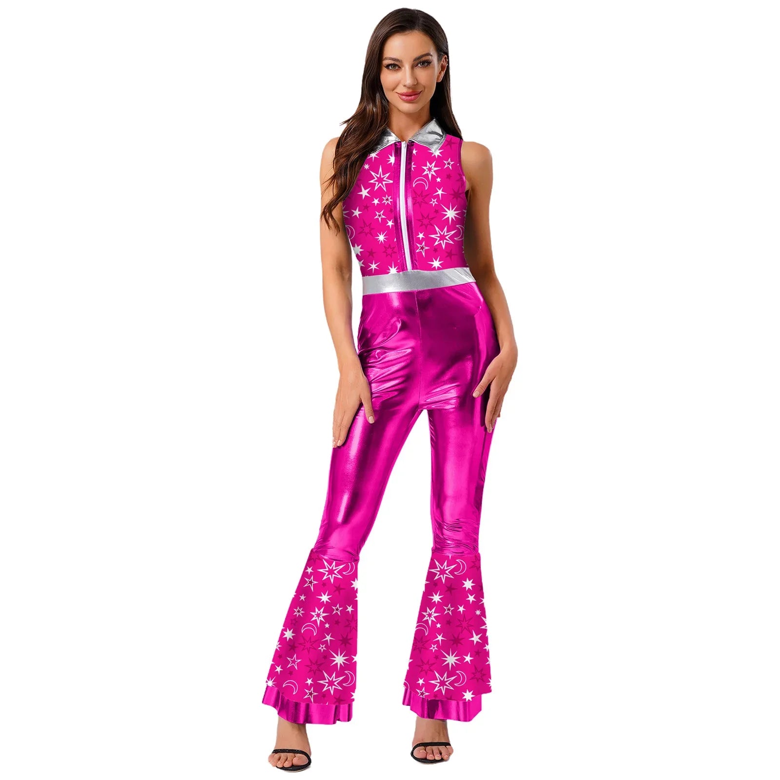 Womens Halloween Retro Hippie Cosplay Costume Party Hip-hop Dance Costume Metallic Shiny Vintage Carnival Bodysuit Jumpsuit Lootquake LLC