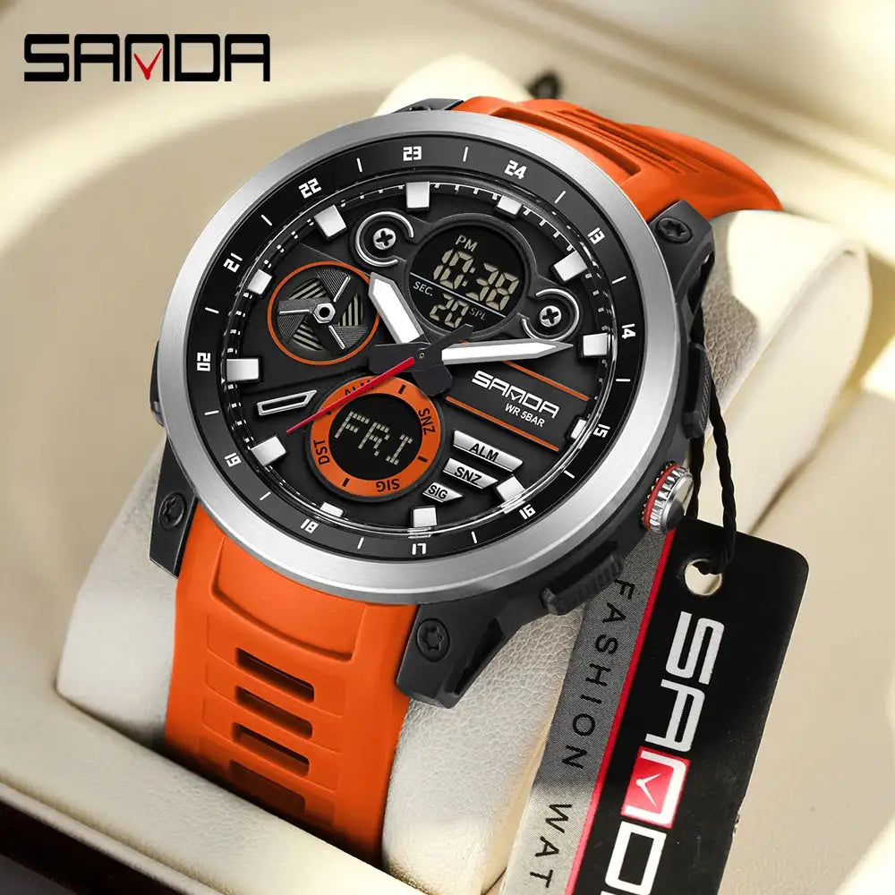 SANDA Sports Men's Electronic Watch Fashion Multi functional Waterproof LED Dual Display Men's Electronic Watch 3379