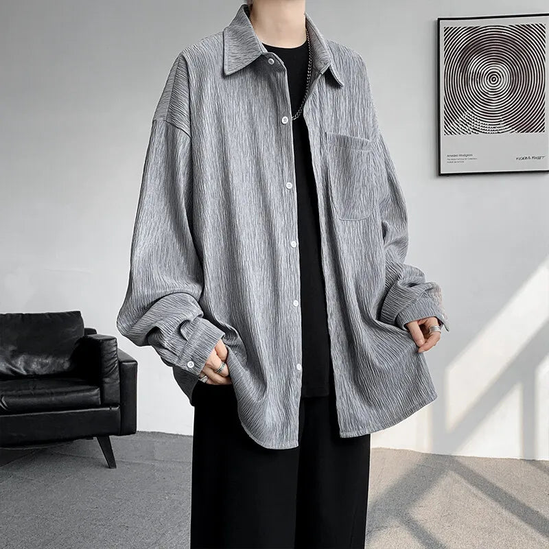 Solid Color Turn-Down Collar Long Sleeve Loose Fit Shirt with Pockets - Stylish & Functional Casual Top for Men & Women M-XXXXXL