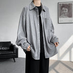 Solid Color Turn-Down Collar Long Sleeve Loose Fit Shirt with Pockets - Stylish & Functional Casual Top for Men & Women M-XXXXXL