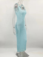 Tossy Sequin Slim Scoop Neck Maxi Dress Female Backless Glitter See-Through Sexy Patchwork Autumn Dress Women's Long Dress 2024