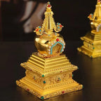 Buddha Statue Pagoda,Engraving Inlaid Gem Tibetan Alloy Double-Layer Tower,Altars Stupa,Buddhist Item Religious Decorative Lootquake LLC