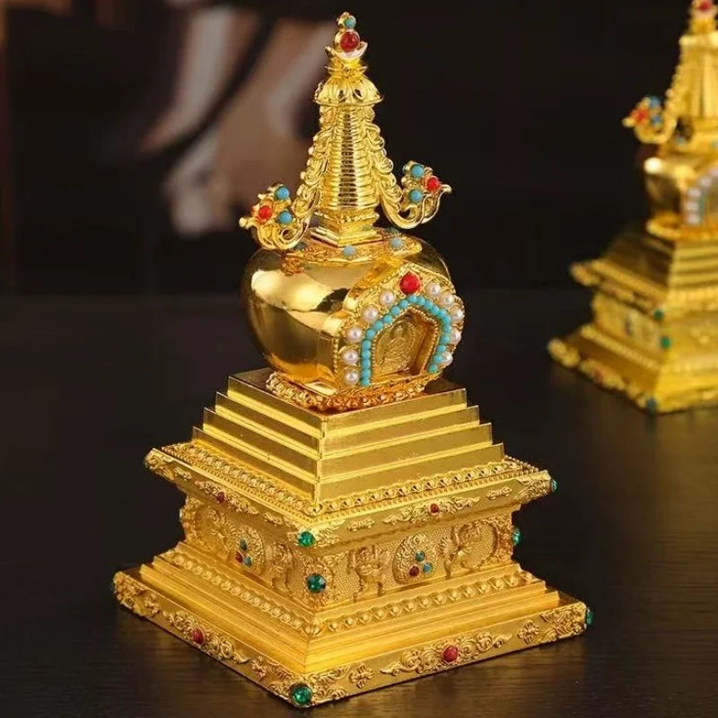 Buddha Statue Pagoda,Engraving Inlaid Gem Tibetan Alloy Double-Layer Tower,Altars Stupa,Buddhist Item Religious Decorative Lootquake LLC