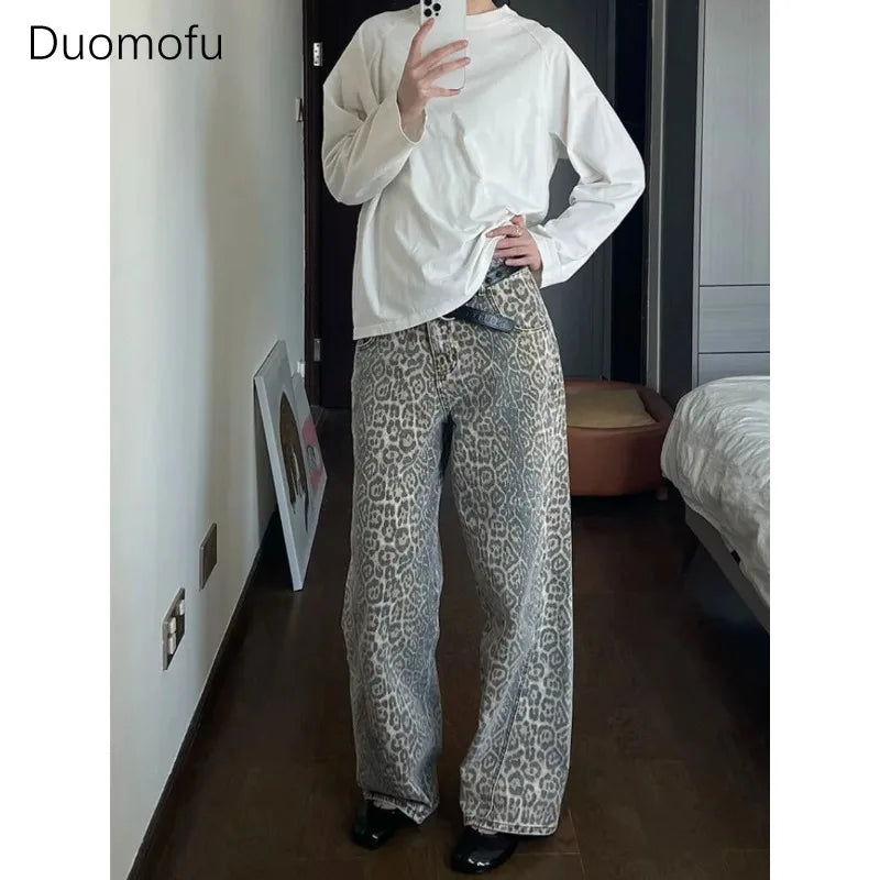 American Washed Leopard Print Wide Leg Jeans for Women Retro Street Distressed New Harajuku Style Hottie Baggy Y2K Casual Pants Lootquake LLC