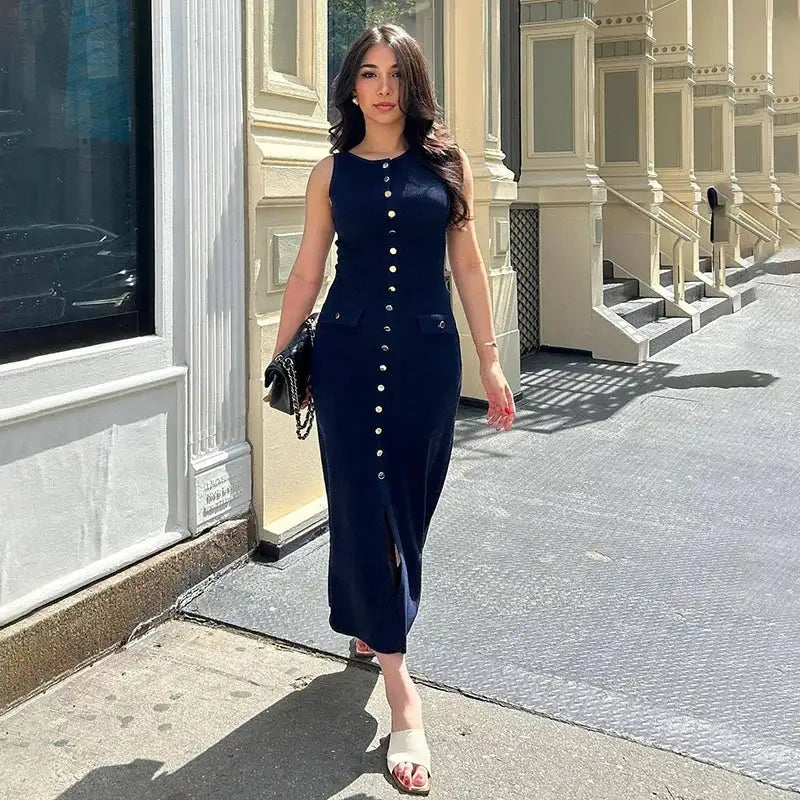 Fashion Knitted Long Dress For Women Elegant Sleeveless Button Maxi Sweater Bodycon Dresses Female Party Fashion Vestidos 2024 N