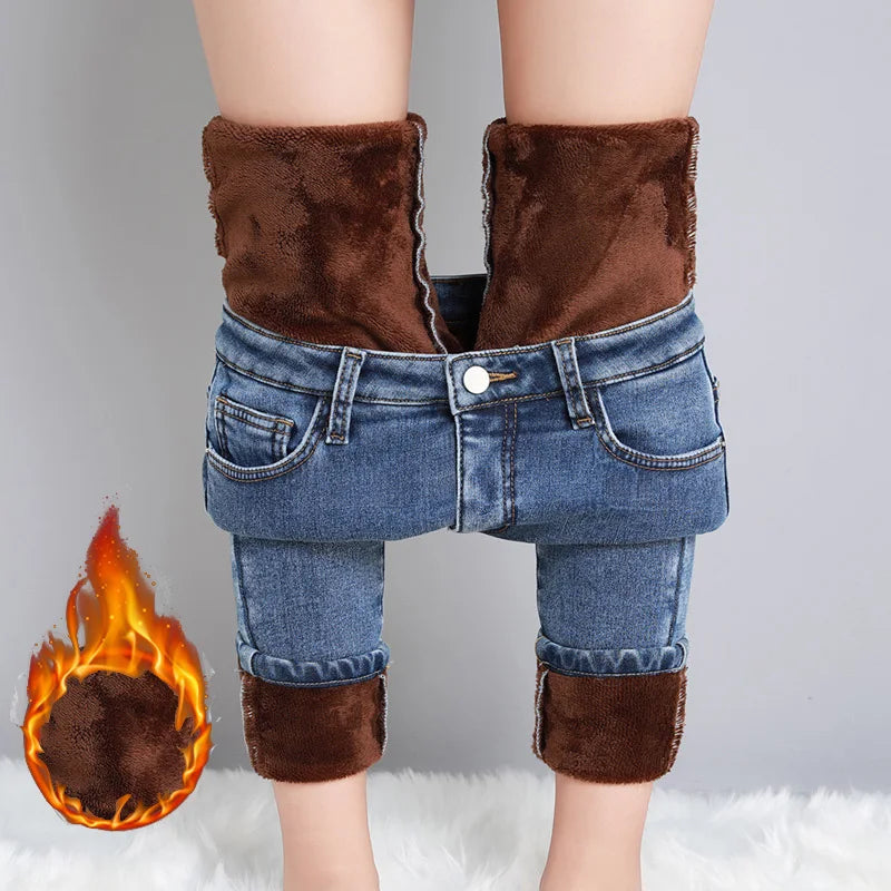 Women Thermal Jeans Winter Snow Warm Plush Stretch Jeans Lady Skinny Thicken Fleece Denim Long Pants Retro Blue Pencil Trousers Lootquake LLC
