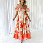 Summer V Neck Cutout Floral Print Dresses Elegant Women Puff Short Sleeve Casual Dress Pleated Waisted Swing Beach Long Dress