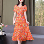New Fashion Casual 2024 Summer Elegant Dresses For Women O-Neck Print Vintage Short Sleeve Dress Loose Women Clothing