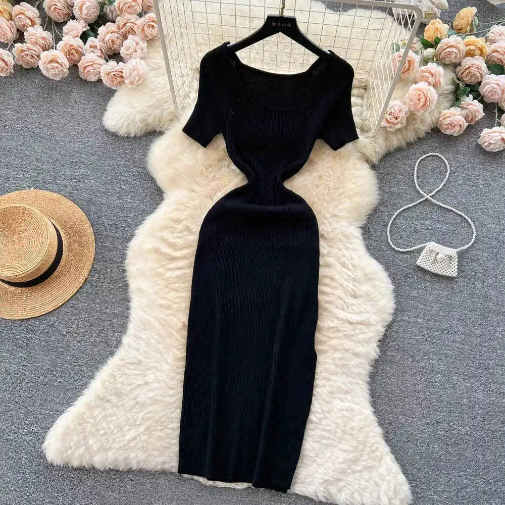 Green 2024 Sexy Summer Knit Short Sleeve Dress Women Squar Collar Waist Bodycon Sundress Female Beach  Backless Long Dress
