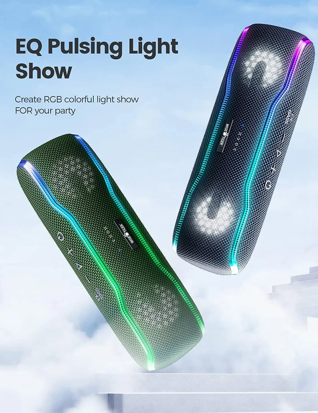 WISETIGER Bluetooth Speaker Outdoor IPX7 Waterproof 25W BT5.3 Loudspeaker Stereo Surround Speaker with Cool Pulsing EQ Lights Lootquake LLC