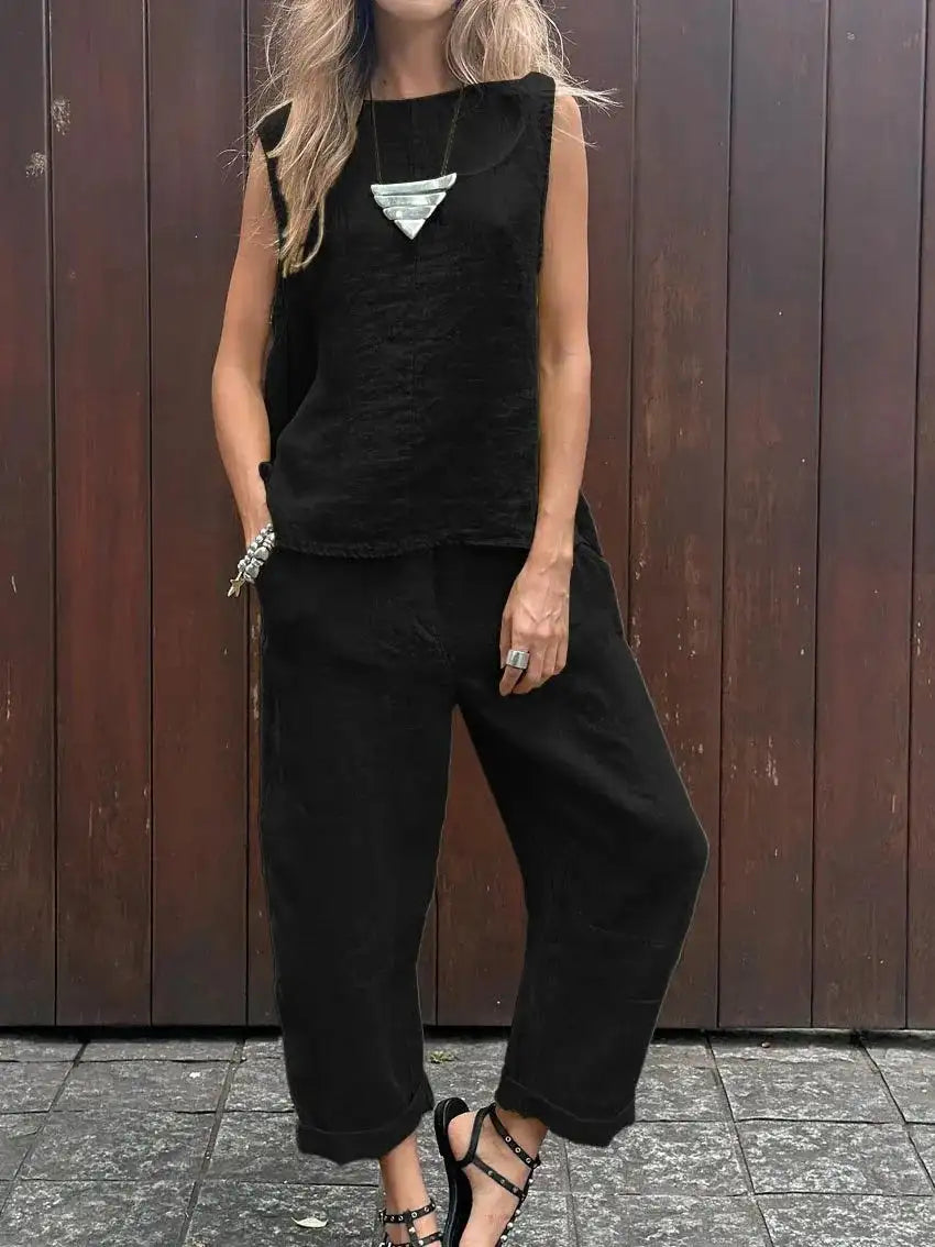 Summer Cotton And Linen Casual Outfits Female Fashion Solid Color Two-piece Set For Women Sleeveless Top Trousers Women's Suit Lootquake LLC
