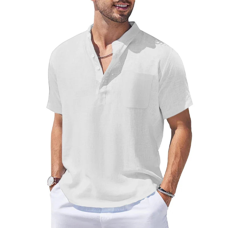 New Mens Henley Short Sleeve Casual Shirt Summer Cotton Shirts Beach Shirts Banded Collar Tshirts lightweight Shirts with Pocket Lootquake LLC