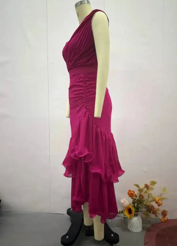 Womens Dresses 2025 Spring New Sweet Style Solid Color High Waist Ruched V-Neck Sleeveless Casual Ruffle Hem Daily Long Dress