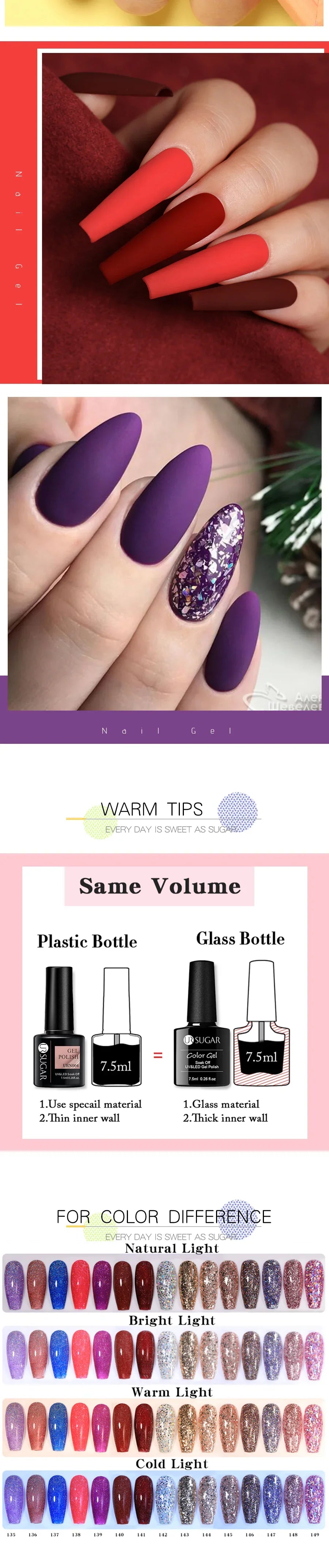 URSUGAR 7.5ml Solid Color Gel Polsih Classic Matte Glossy DIY Nail Art Trendy Reflective Glitter Nail Gel UV LED Soak Off Lootquake LLC