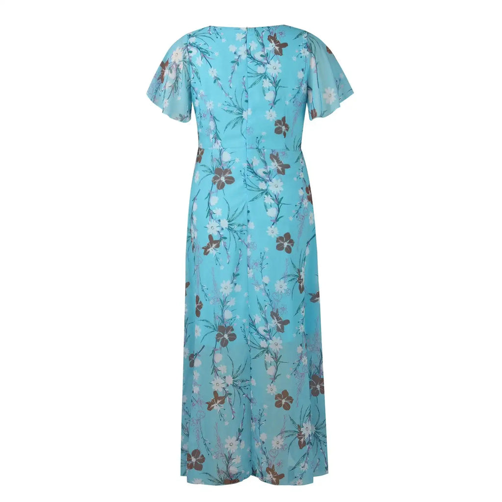 Vestidos Verano Moda 2024 Women's Swing Long Dress Chiffon Floral Short Sleeve Ruffle V Neck Fashion Waist Flowy Dress платье