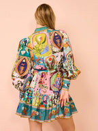 2025 printed round neck cinched waist strap pleated ruffle edge retro pleated dress cardigan temperament versatile dress