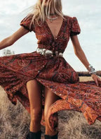 TEELYNN boho long dress Vintage 2023 floral print Chiffon three quarter sleeve v-neck summer Gypsy Hippie women dresses vestidos