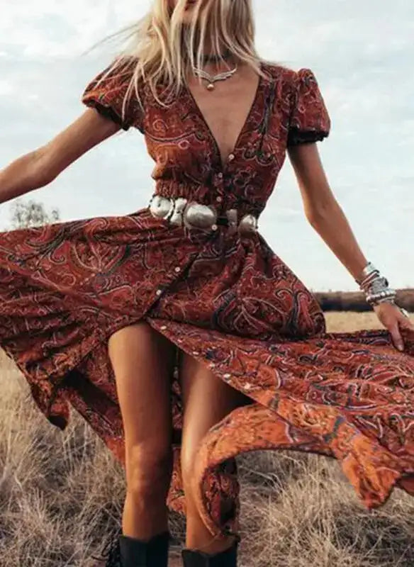TEELYNN boho long dress Vintage 2023 floral print Chiffon three quarter sleeve v-neck summer Gypsy Hippie women dresses vestidos