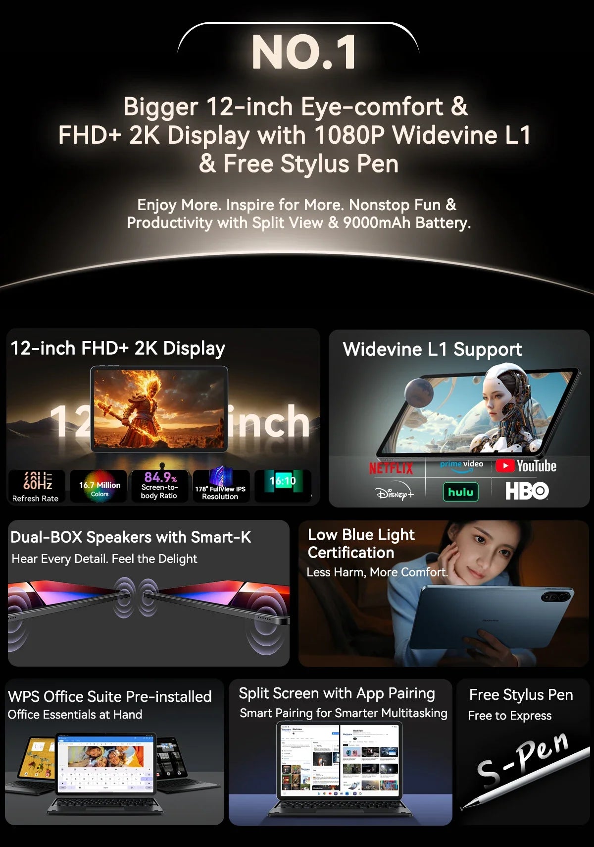 Blackview MEGA 2 Tablets 12 inch 2K Display Widevine L1 24GB(8+16) Android 15 256GB 9000mAh AI Main Camera Pad PC Lootquake LLC
