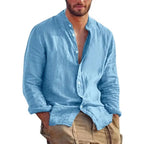 New Mens Long Sleeve Linen Shirt Stand Up Collar Casual Lightweight Mens Shirts Breathable T Shirts Hawaiian button Shirt Lootquake LLC