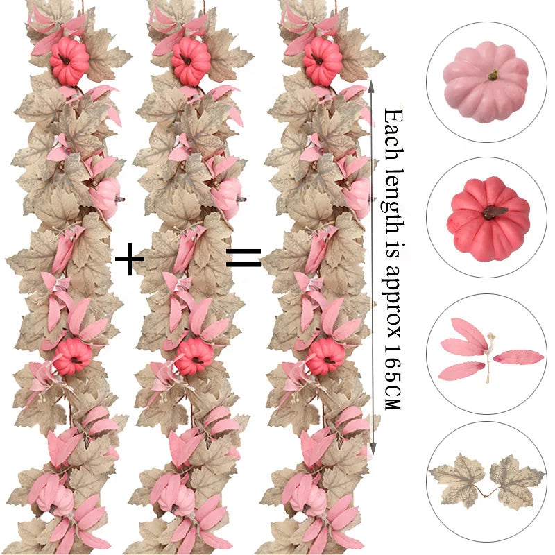 Halloween Thanksgiving Pink Decorations Artificial Fall Maple Leaves Garland Autumn Hanging Pink Pumpkins Flowers Berries Rattan Lootquake LLC