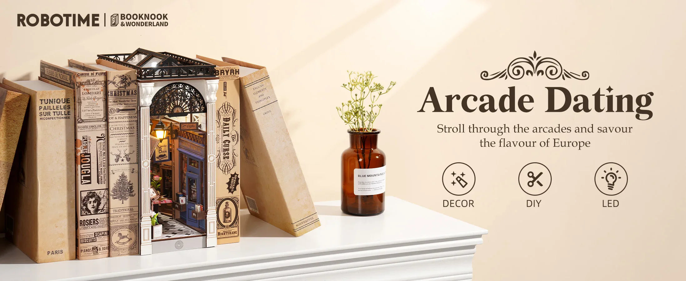 Robotime Arcade Dating Booknook with Dust Cover DIY Miniature Dolls House Kit 3D Wooden Puzzle Bookend Bookshelf Decor Gift