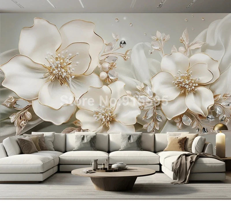 Custom Large Size Modern Wallpaper 3D Embossed Flowers Jewelry Mural Paper TV Background Wall Living Room Decor Home Improvement Lootquake LLC