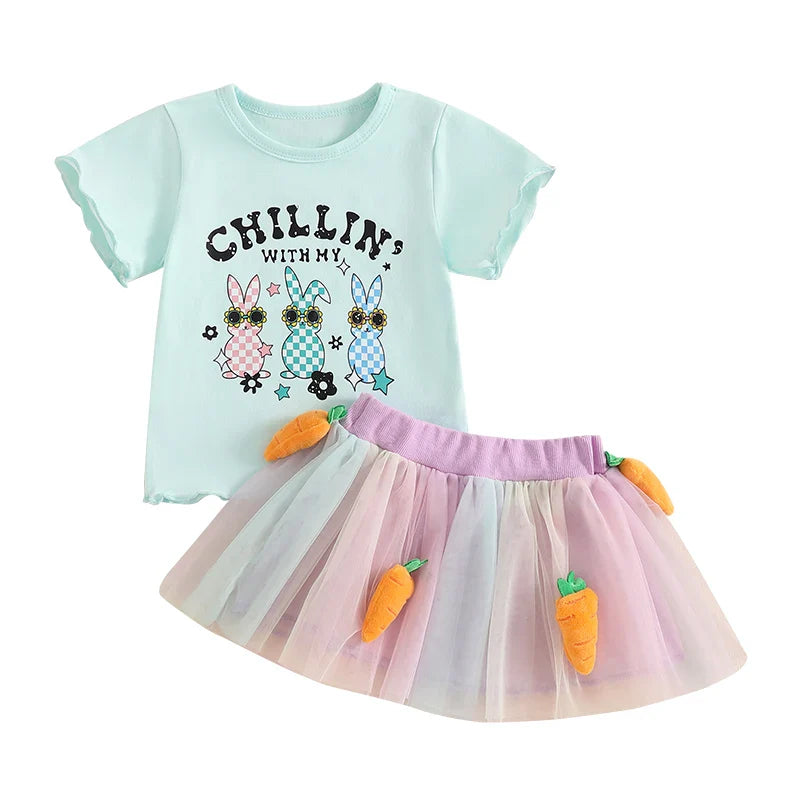 Adorable Infant Easter Dress Set with Bunny Graphic Tee and Fluffy Carrot Skirt for Baby Girls - 2 Piece Outfit