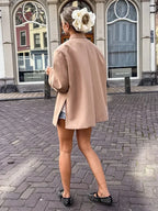 Women's V-Neck Side-Buttoned Suit Jacket Long Sleeve Solid Color Coats Pocket Cuffs Oversize Tops High Street Female Clothes