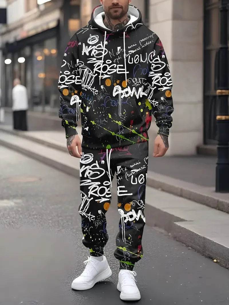 The new men's hoodie set for Spring and Autumn 2025 features a casual fashionable and comfortable 3D graffiti pattern print Pi-Mart