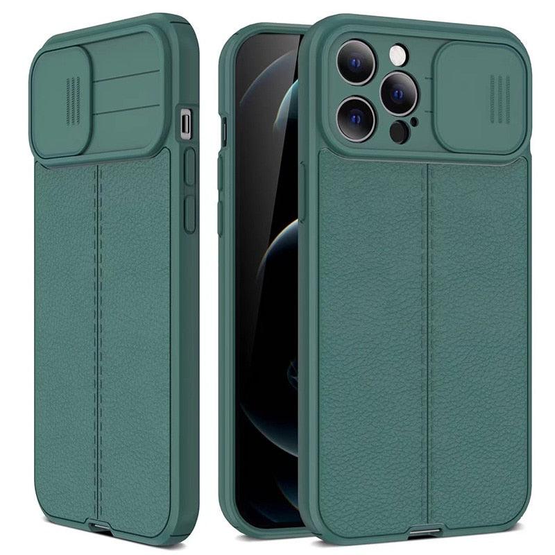 Luxury Leather Black Shockproof Phone Case on For iPhone 13 12 11 14 Pro Max XR X XSMax 14 Case Camera Lens Protection Soft Back Cover Thin Shockproof Case with Slide Camera Case for iPhone Stevvex