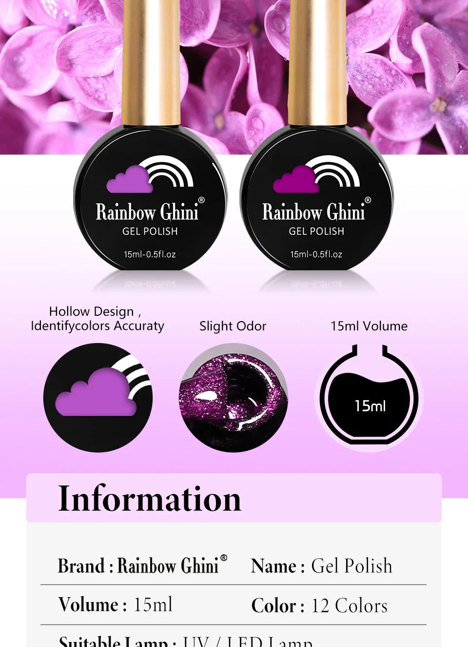 Rainbow Ghini UV LED Glitter Purple Gel Nail Polish 15ml Manicure Art Accessories Nail Glue Supplies for Professionals Varnishes Lootquake LLC