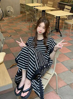 2024 New Casual Korean Striped O-neck Short Sleeve Long Dress Ladies Simplicity Patchwork Loose Tshirt Dress Women Clothing