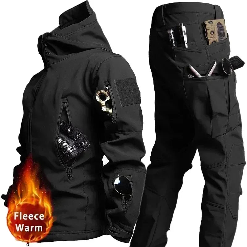 Camo Winter Tactical Sets Men Shark Skin Soft Shell Hooded Jacket+Multi-pocket Straight Cargo Pant 2Pcs Suits Waterproof Set Lootquake LLC