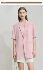 Amii Women's Top Minimalist 2025 Summer New Notched Lapel Contrast Material Patchwork One Button Short Sleeve Blazer 12542081