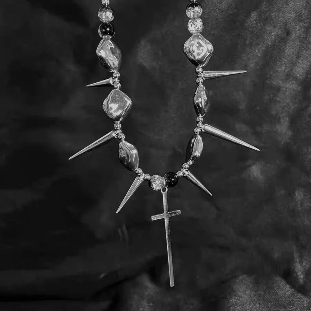 Retro Y2K Long Spike Rivet Necklace Stainless Steel Cross Hip Hop Necklace for Women Vintage Grunge Style Party Jewelry Lootquake LLC