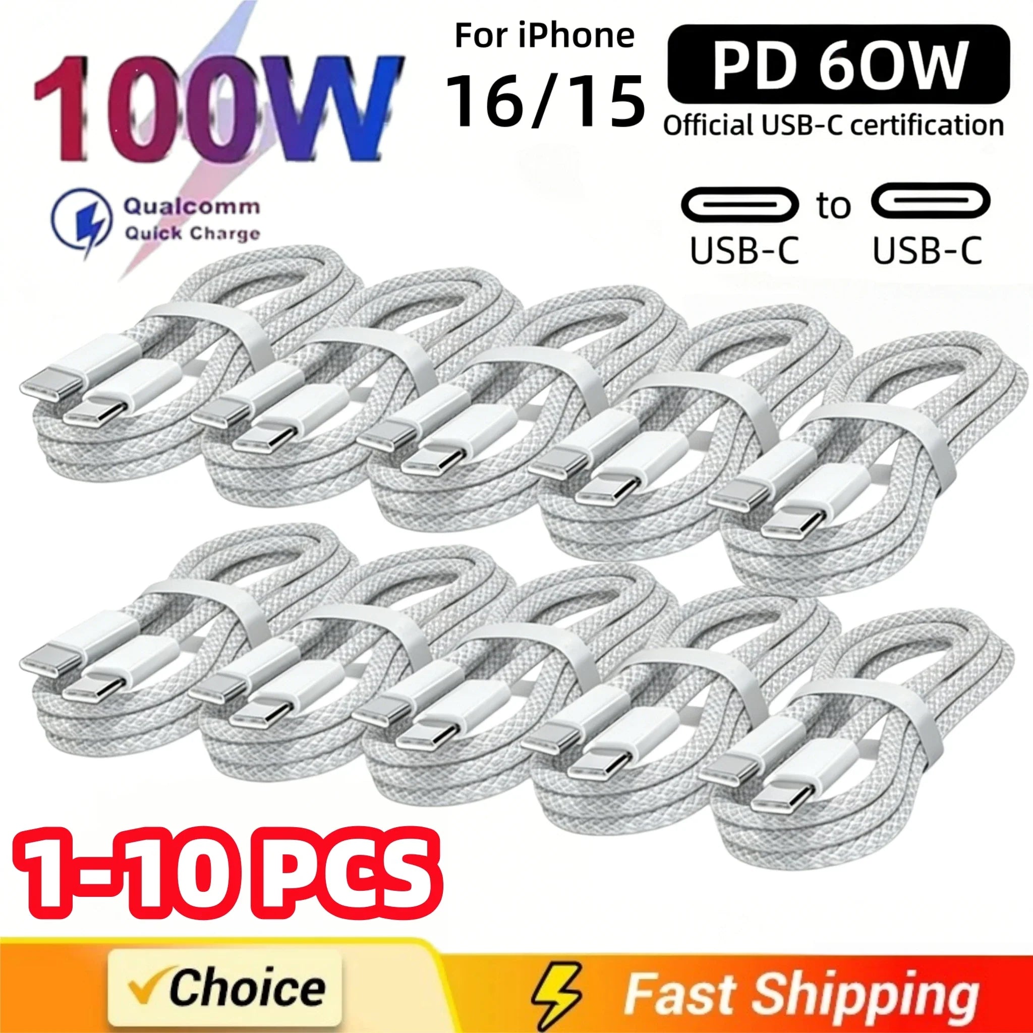 1-10PCS USB C Cable to USB C 100W Fast Charging Charger Cable Supports Fast Charging For iPhone 16 17 Samsung Xiaomi Huawei etc
