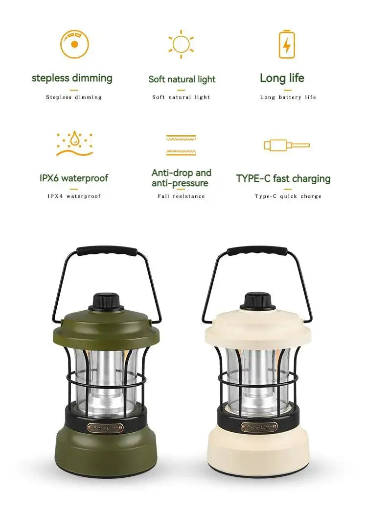 Retro Lamp Portable Camping Lantern USB Recharge Camping Tent Travel Light Vintage Outdoor Lighting Camping Equipment Flashlight
