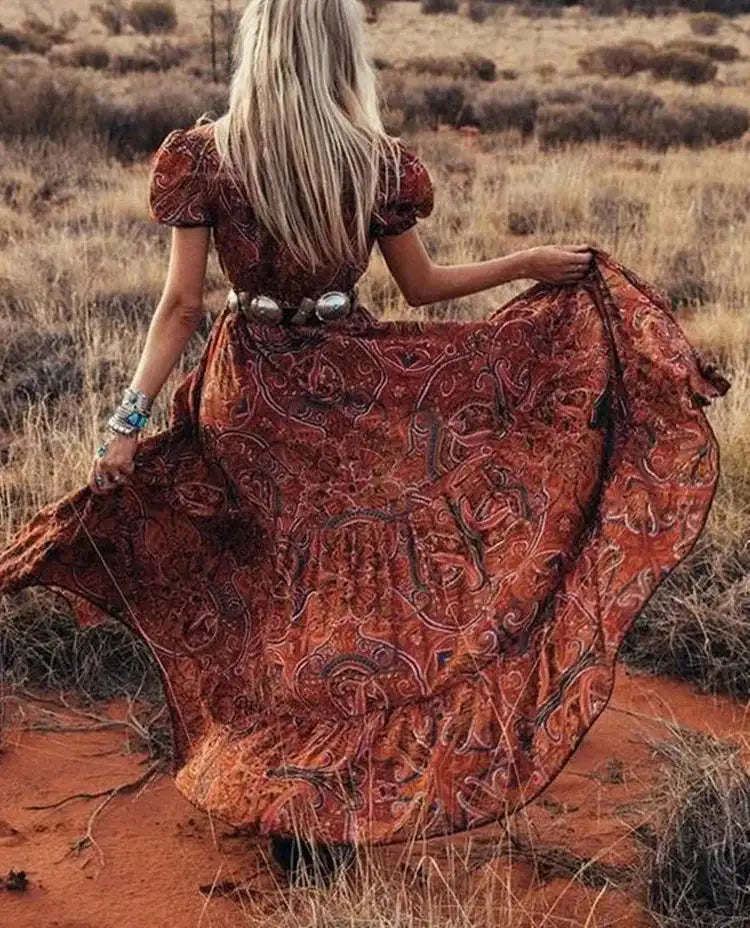 TEELYNN boho long dress Vintage 2023 floral print Chiffon three quarter sleeve v-neck summer Gypsy Hippie women dresses vestidos