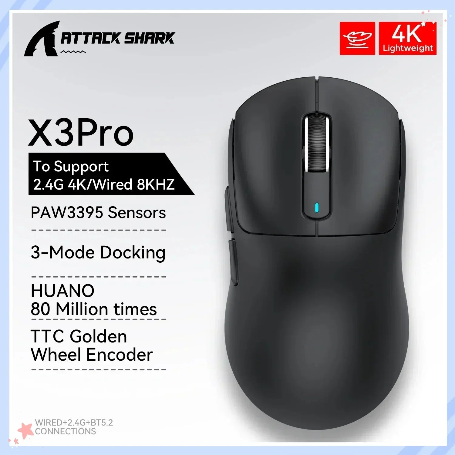 Attack Shark X3Pro Wireless  Gaming Mouse PixArt PAW3395 26000dpi Bluetooth Optical Mouse Tri-Mode Connection Macro Gaming Mouse Lootquake LLC