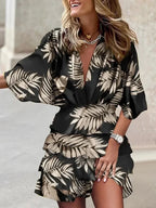 Women Fall V-Neck Loose Batwing Hafl Sleeve Print Dress Fashion Elegant Lace-up Ruffle Beach Mini Dresses Casual Streetwear 2024