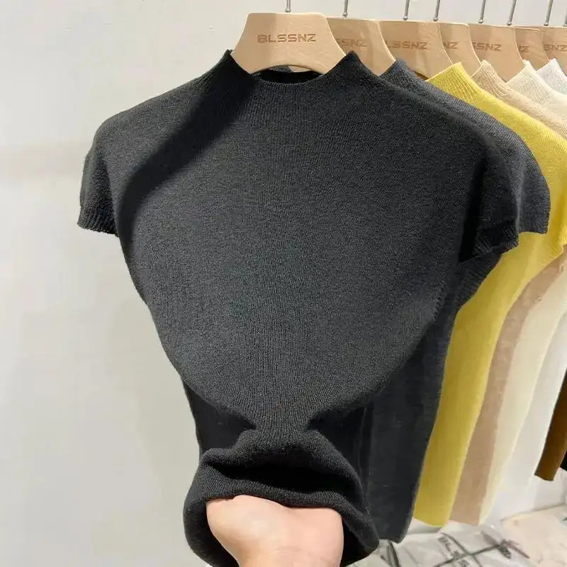 Half High Collar T-shirts Flying Sleeve Design Slim Knitted Sleeveless Top Women Simple Comfortable White T-shirts Summer 2025