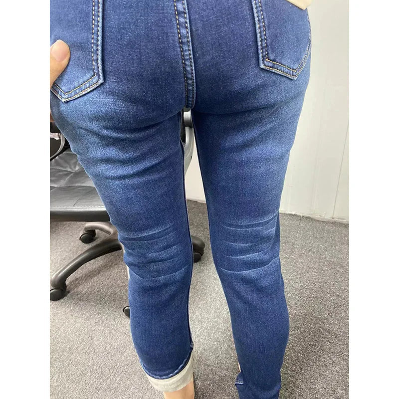 Women Thermal Jeans Winter Snow Warm Plush Stretch Jeans Lady Skinny Thicken Fleece Denim Long Pants Retro Blue Pencil Trousers Lootquake LLC
